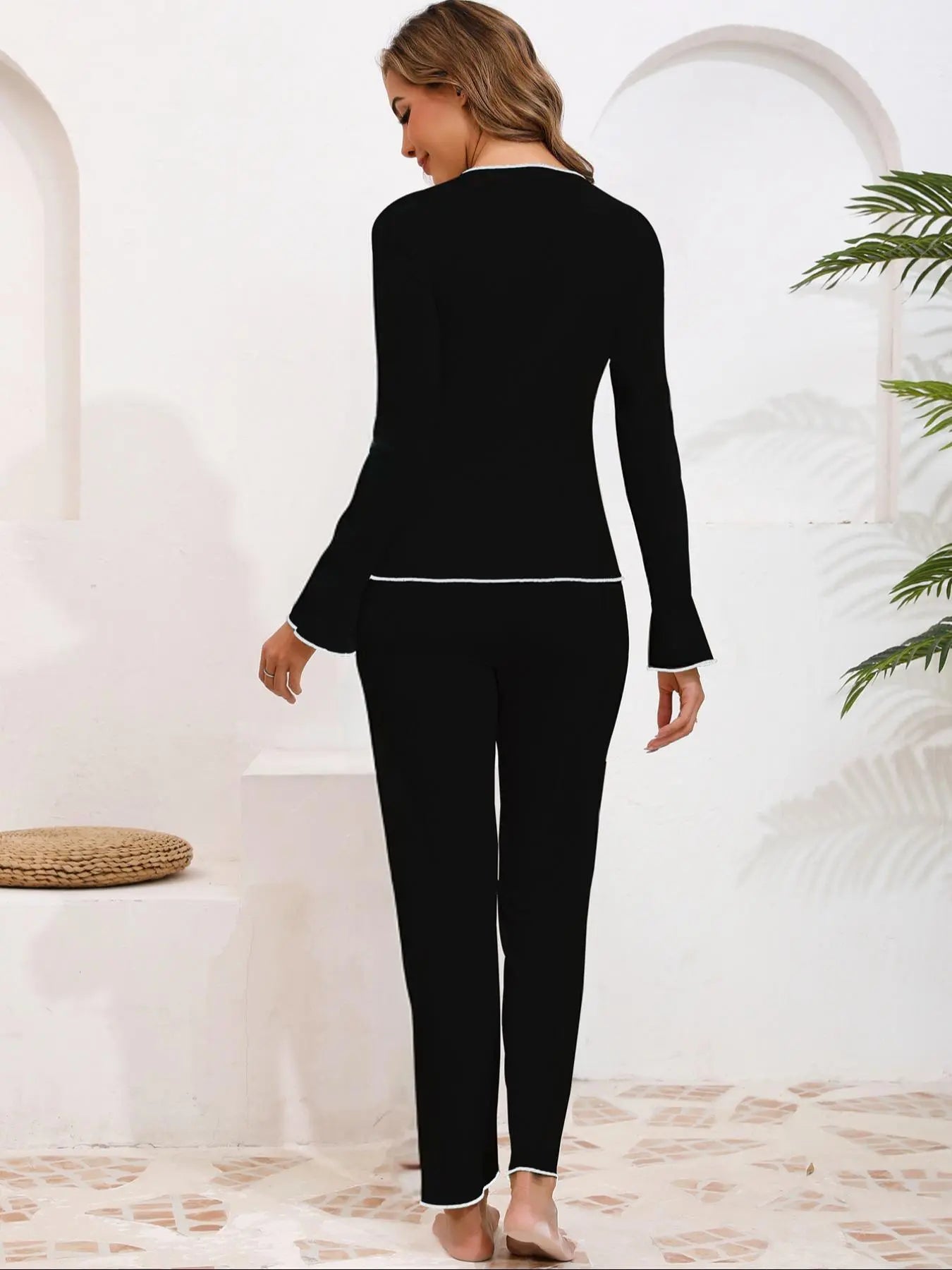 Women'S Bow Decor Long Sleeve Top & Pants Pajama Two-Piece Set, Casual Comfy Top & Trousers Set, Women'S Sleepwear & Loungewear for Spring & Fall
