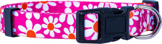 Flower Dog Collar, Adjustable Small Medium Large, Cute Girl Female Summer Spring Pretty Designer Puppy Essentials Accessories, Pink Floral Blue Daisy Rose (Medium, Pink Daisy)