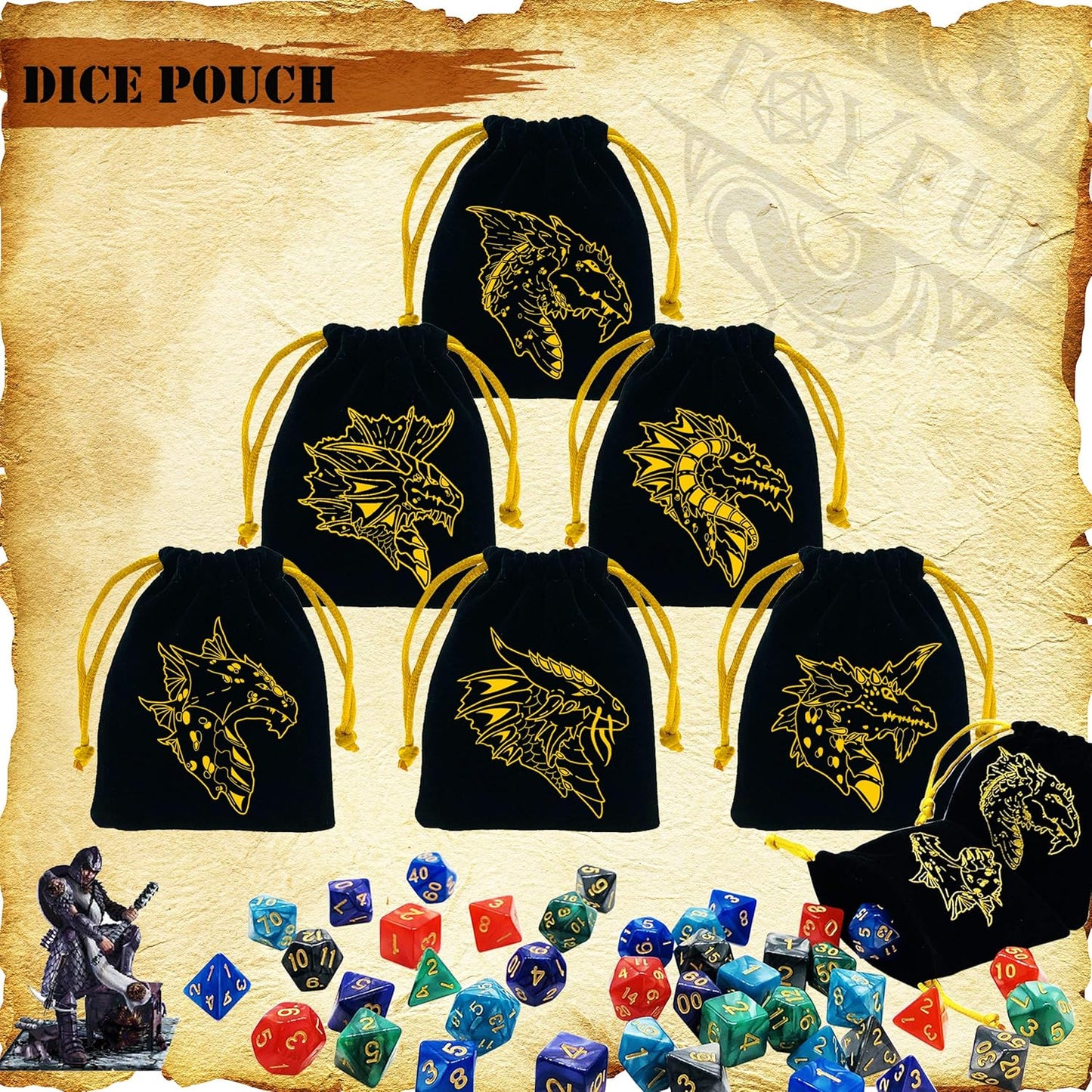 6 Sets DND Dice Polyhedral Dice Dungeons and Dragons Rolling Dice for RPG MTG Table Games Dice Bulk with Free Six Drawstring Bags and PU Leather D&D Dice Tray