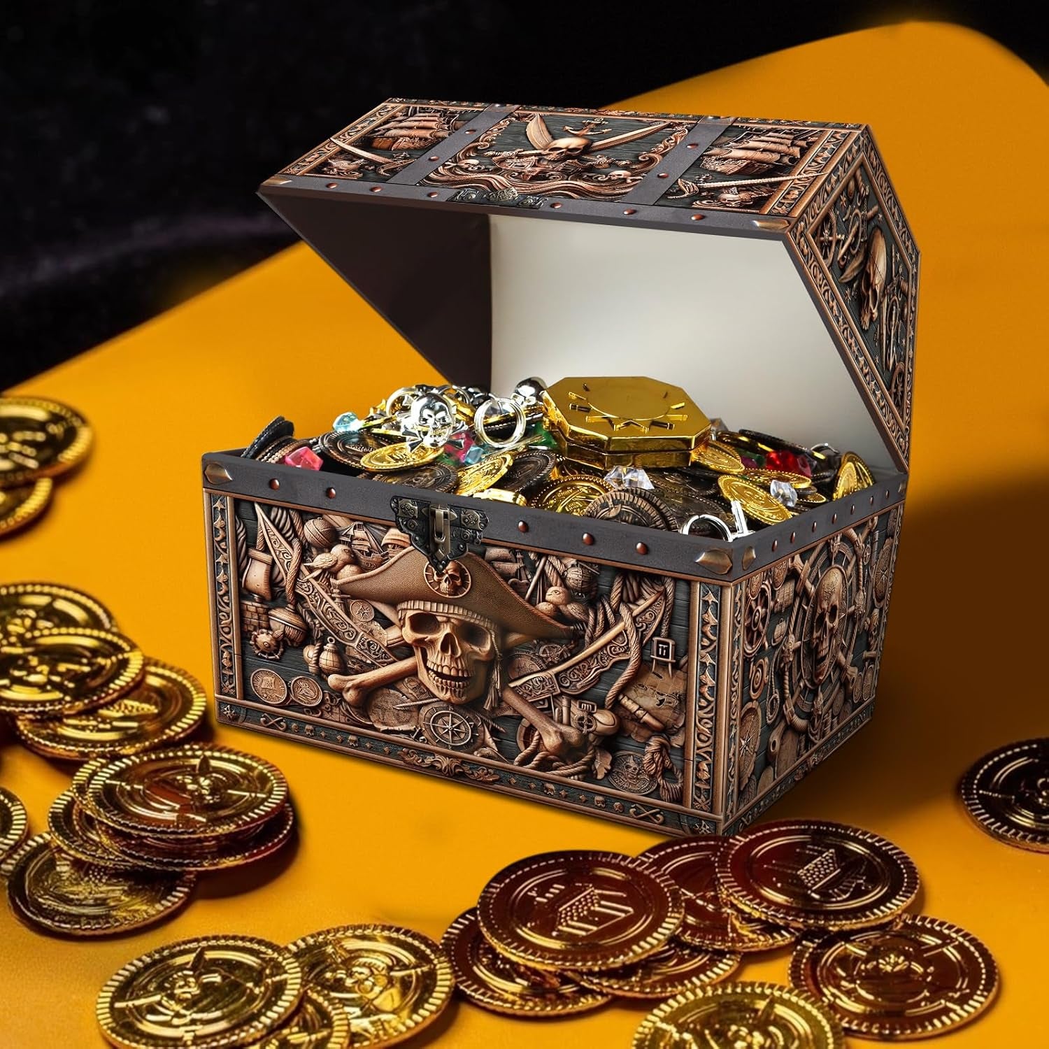 Pirate Skull Treasure Box - 9X9.3X8 Large Pirate Treasure Chest for Classroom Chirstmas Treasures Box Rewards Chest Toys and Storage Perfect Classroom Treasures Boxes for Students