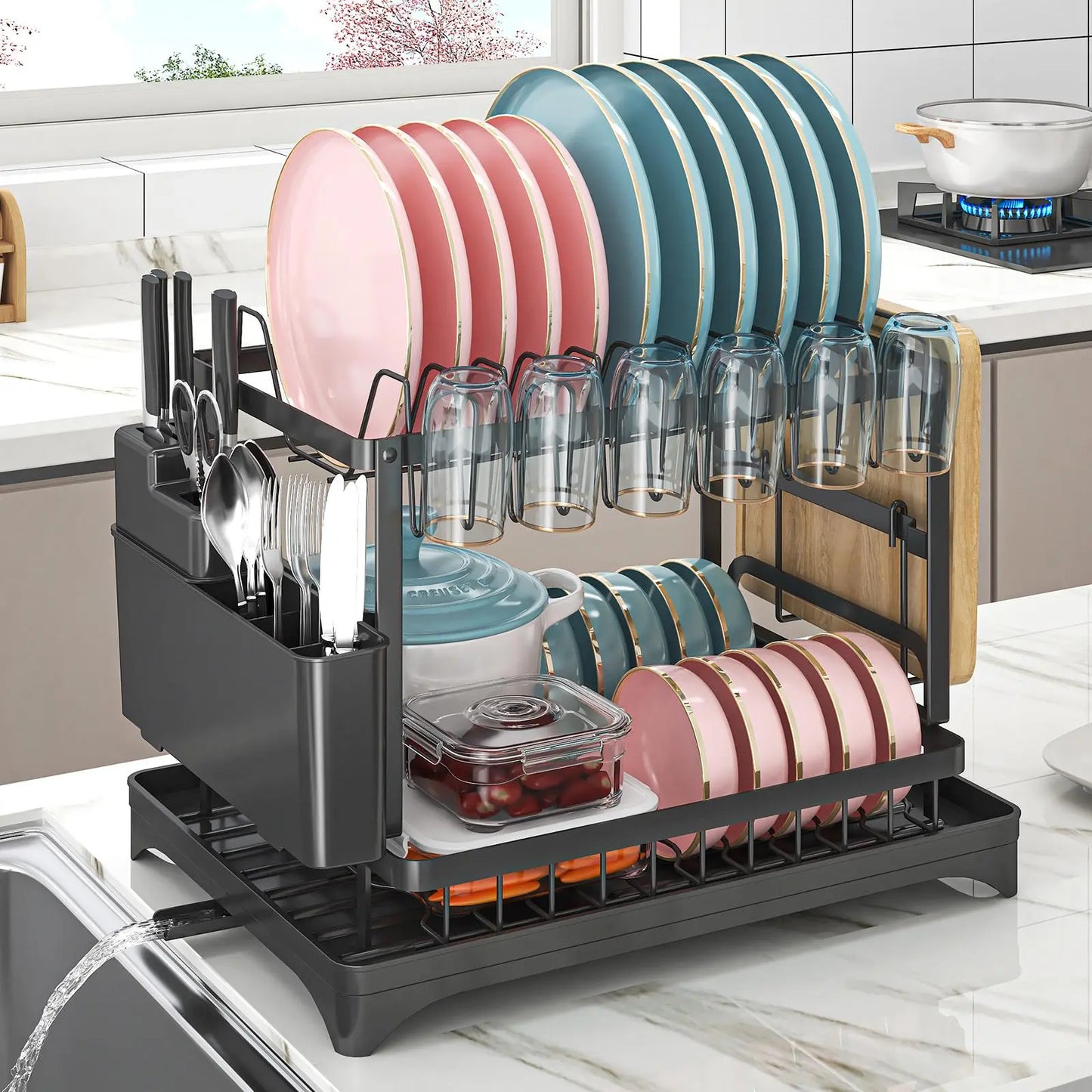 Dish Drying Rack, 1 Count 2-Tier Dish Rack with Drainboard, Dish Drainer Rack, 2-Layer Foldable Tableware Drain Storage Rack, Kitchen Accessories, Home Decor