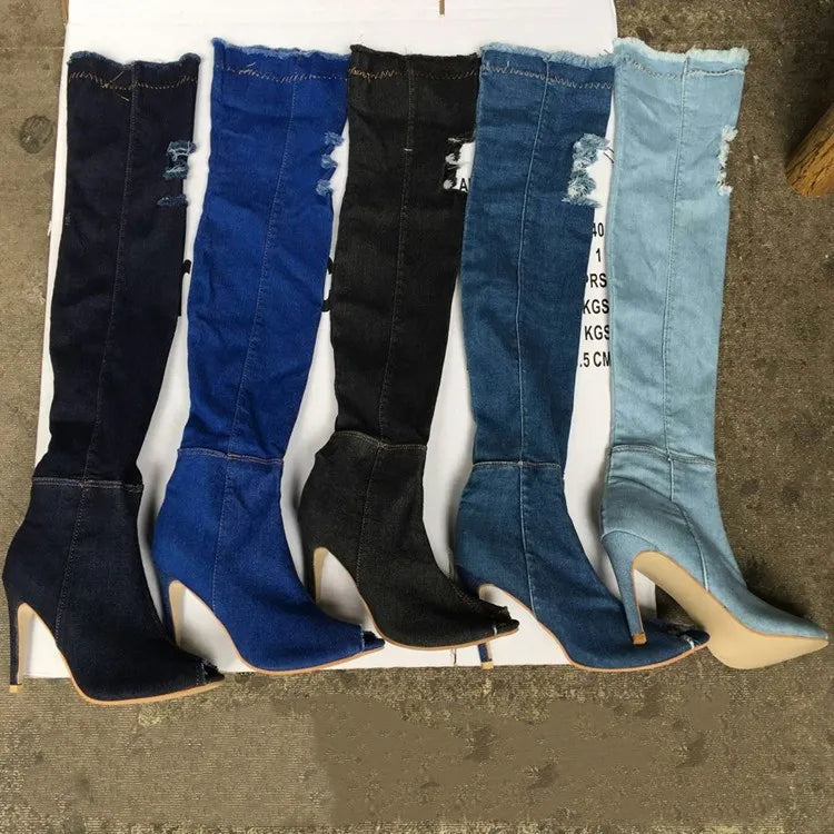 Women's Denim Long Boots – Knee-Length Thin Heel Slip-On Fashion Boots