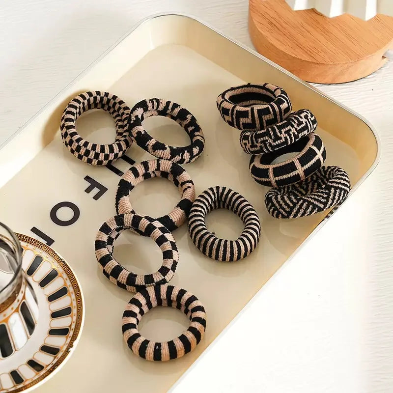 Black And White Striped Thick Hair Tie - High Elasticity Seamless Hair Rope, Simple And Versatile Women'S Hair Accessory