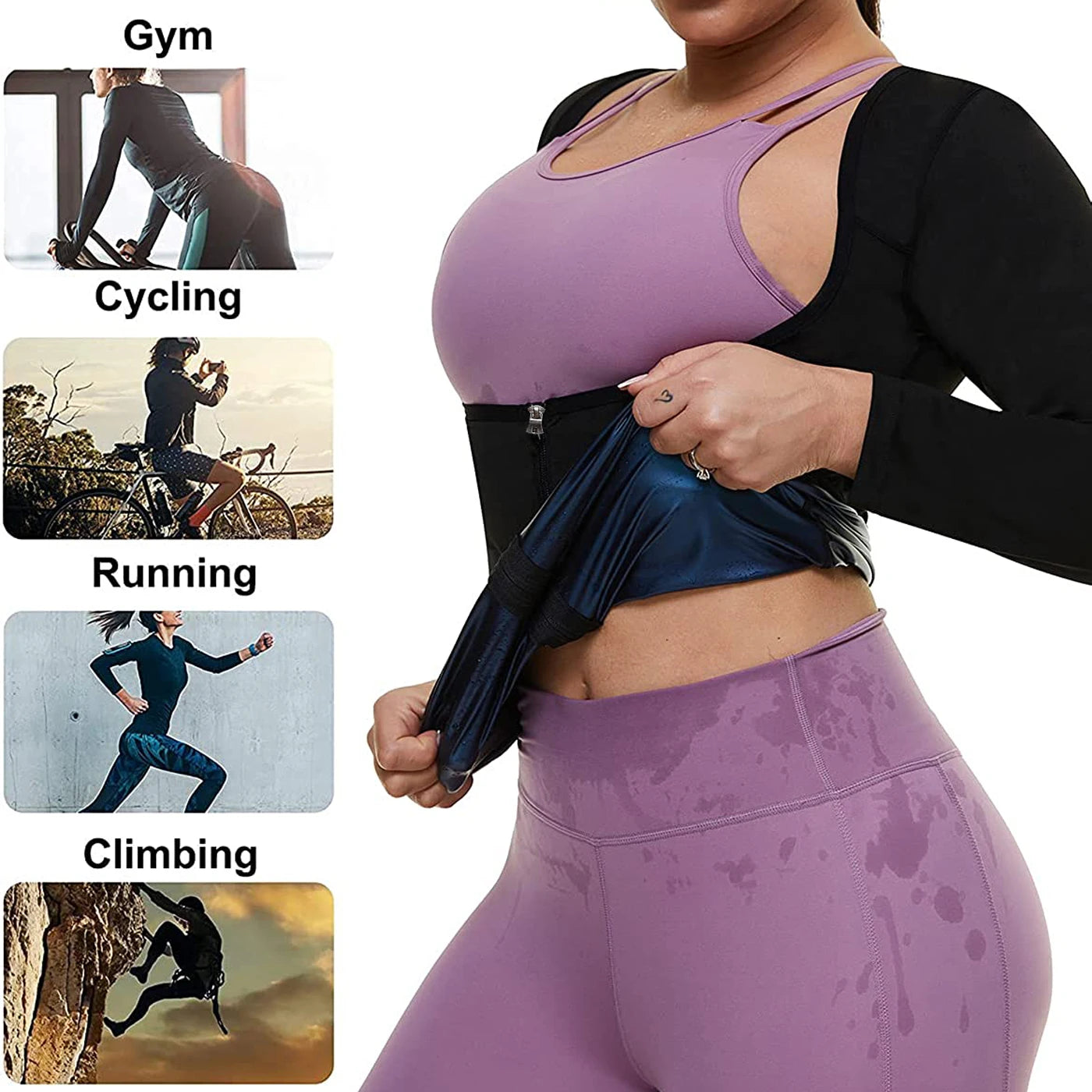 Vigorix Sauna Suit for Women Sweat Body Shaper Hot Waist Trainer Long Sleeve Zipper Shirt Workout Top