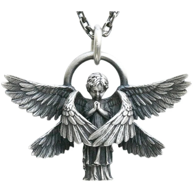 Retro Gothic Mystical Angel Wings Pendant Necklace for Men Women Punk Hip Hop Fashion Jewelry Gift