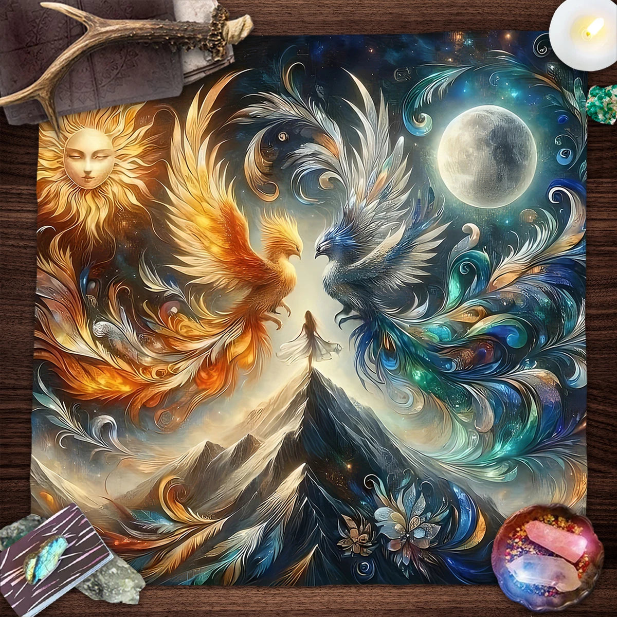 Mystical Colorful Sun and Moon Tarot Card Tablecloth Astrological Divination Altar Cloth Card Game Mat Witchcraft Witchy Decor