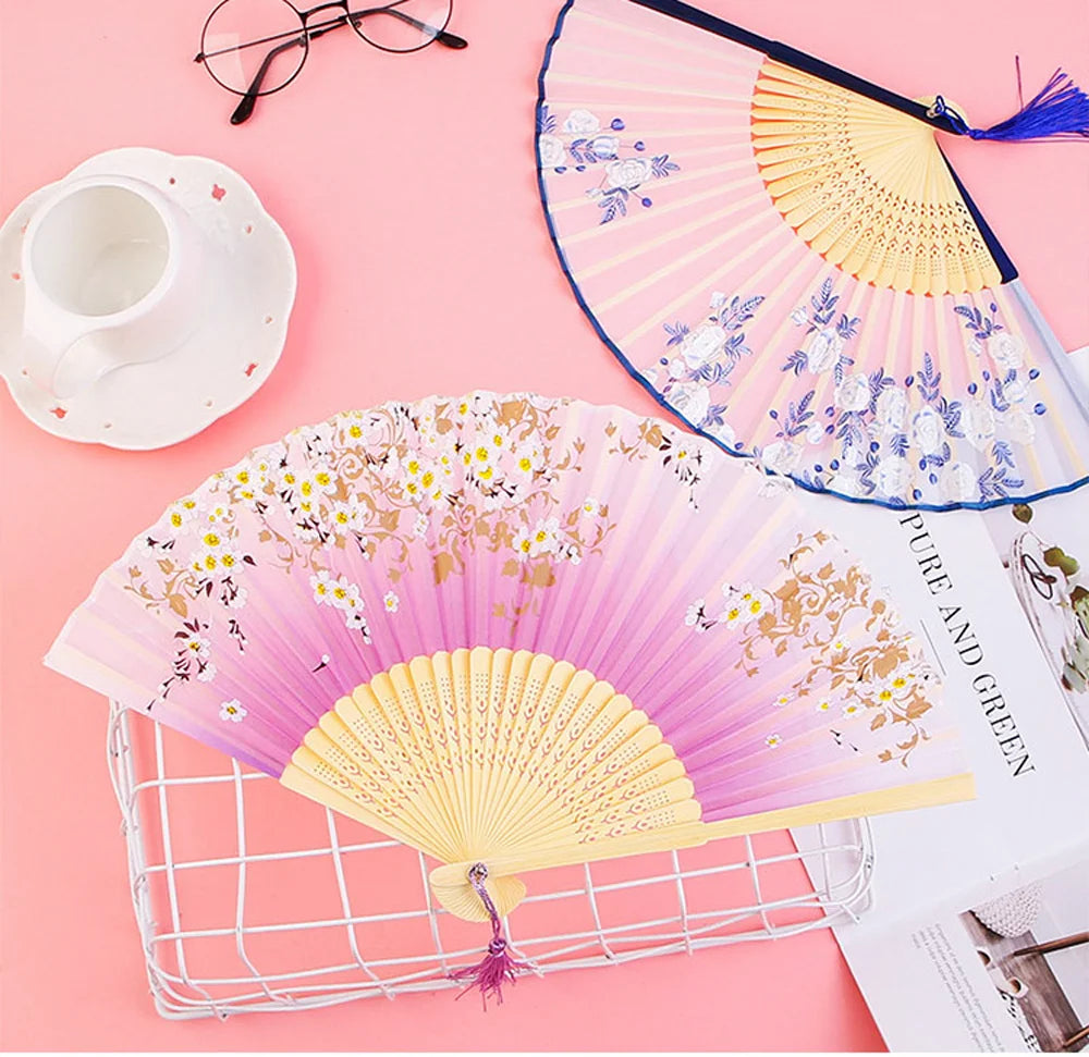 Bamboo Folding Fan silk Chinese Stylefan Hand Held Anitque Art Craft  Japnese Summer Female Dance Home decoration Party ventila