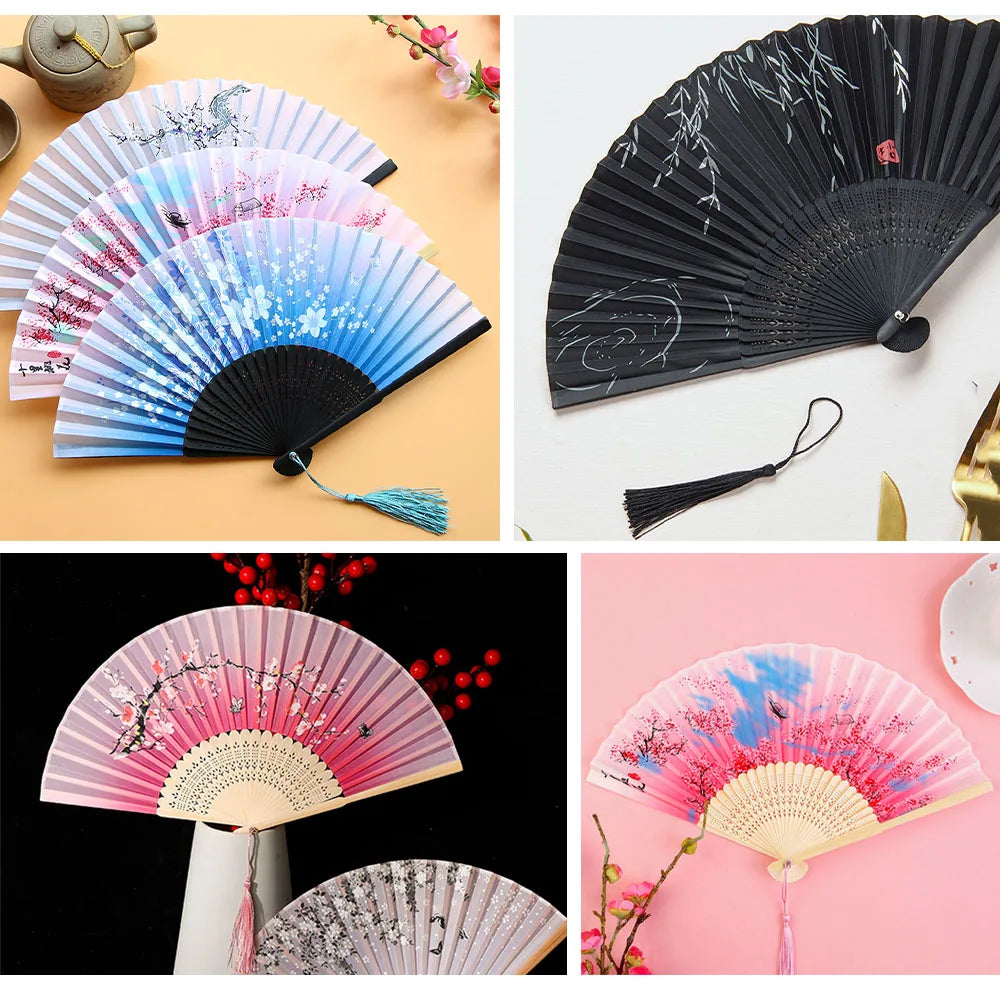 Bamboo Folding Fan silk Chinese Stylefan Hand Held Anitque Art Craft  Japnese Summer Female Dance Home decoration Party ventila