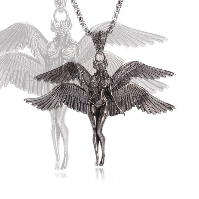 Retro Gothic Mystical Angel Wings Pendant Necklace for Men Women Punk Hip Hop Fashion Jewelry Gift