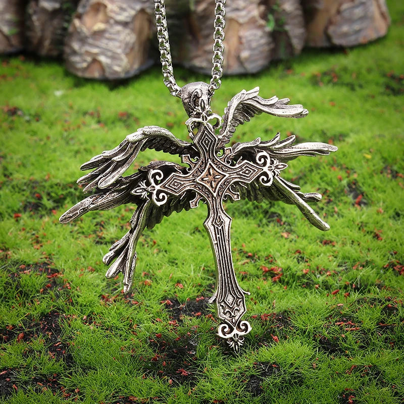 Retro Gothic Mystical Angel Wings Pendant Necklace for Men Women Punk Hip Hop Fashion Jewelry Gift