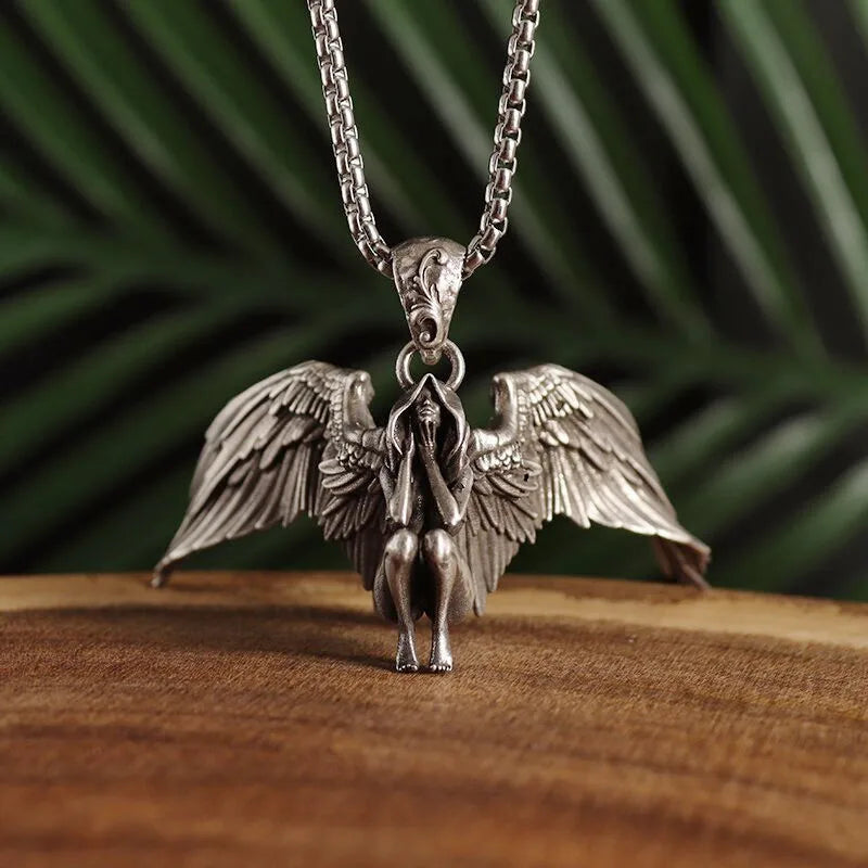 Classic Angel Pendant Necklace Handmade Seraph Prayer Pendant Long Chain Necklace Men Women Jewelry Anniversary Gift