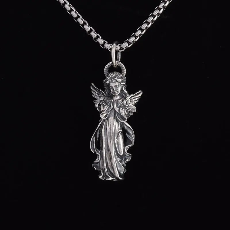 Classic Angel Pendant Necklace Handmade Seraph Prayer Pendant Long Chain Necklace Men Women Jewelry Anniversary Gift