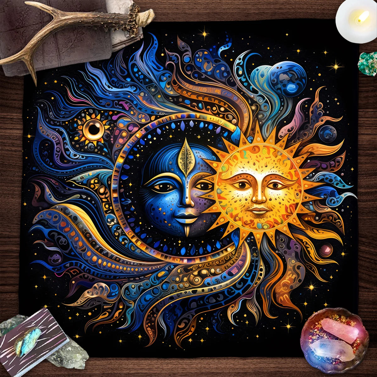 Mystical Colorful Sun and Moon Tarot Card Tablecloth Astrological Divination Altar Cloth Card Game Mat Witchcraft Witchy Decor