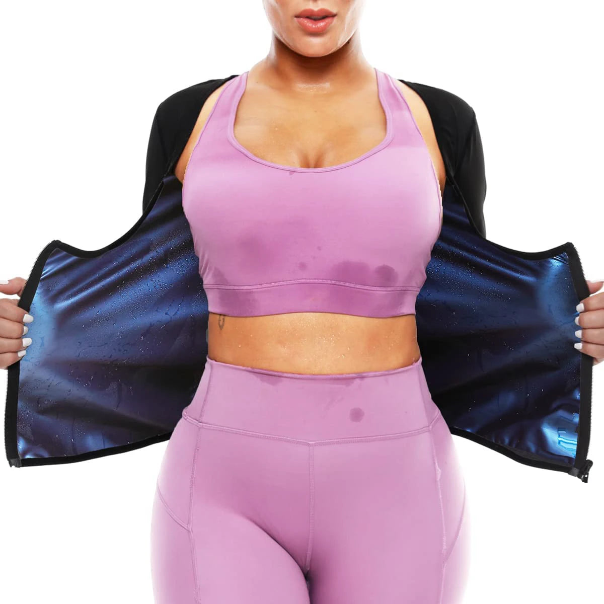 Vigorix Sauna Suit for Women Sweat Body Shaper Hot Waist Trainer Long Sleeve Zipper Shirt Workout Top