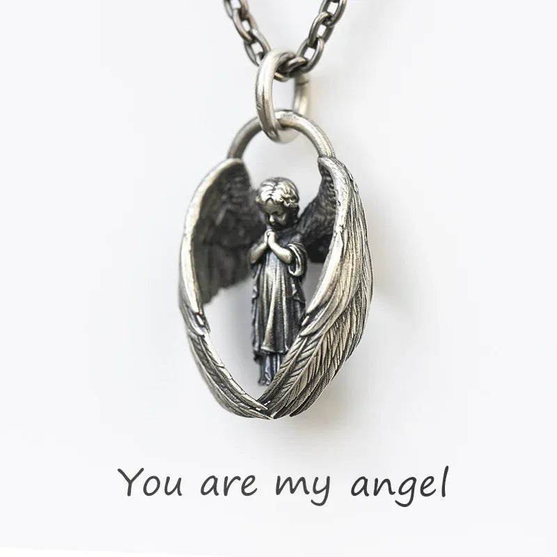 Classic Angel Pendant Necklace Handmade Seraph Prayer Pendant Long Chain Necklace Men Women Jewelry Anniversary Gift