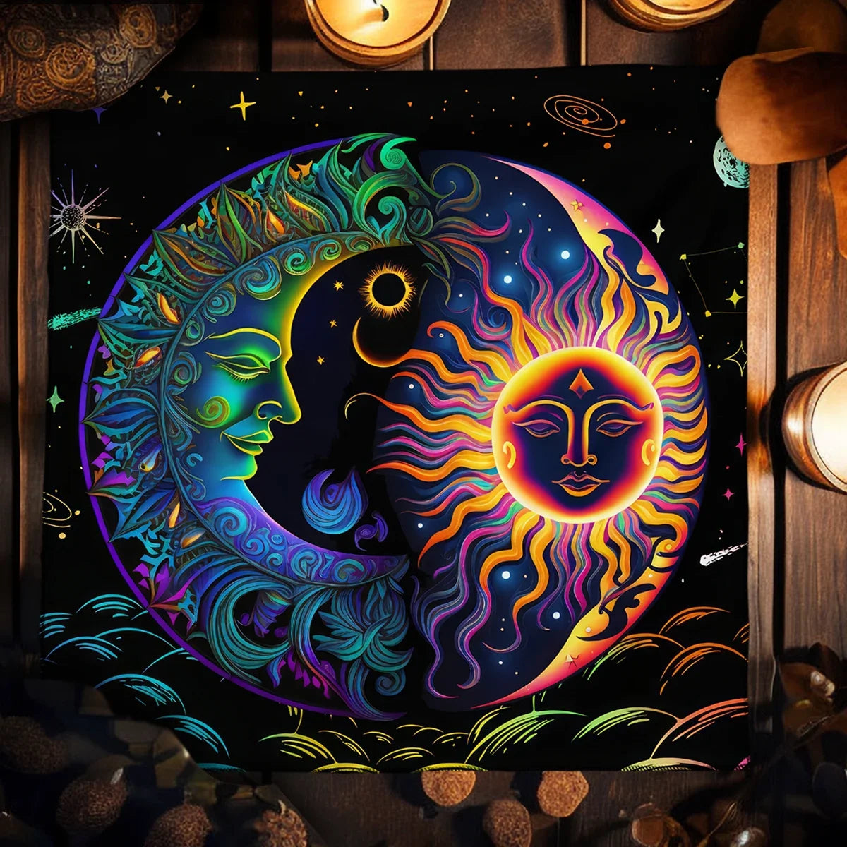 Mystical Colorful Sun and Moon Tarot Card Tablecloth Astrological Divination Altar Cloth Card Game Mat Witchcraft Witchy Decor