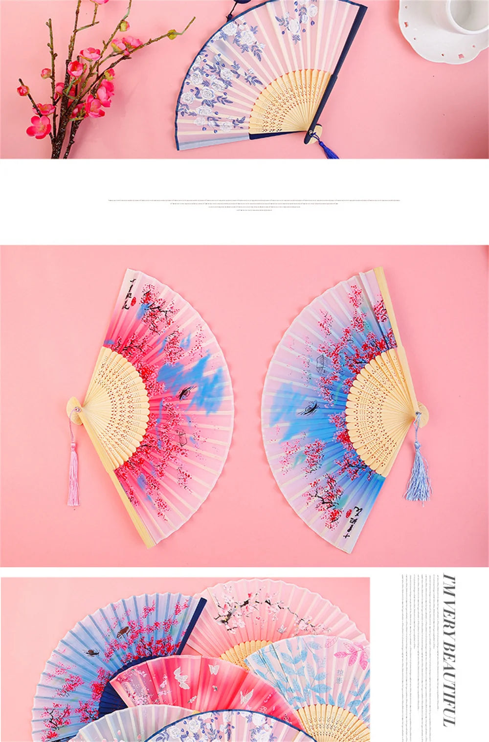 Bamboo Folding Fan silk Chinese Stylefan Hand Held Anitque Art Craft  Japnese Summer Female Dance Home decoration Party ventila