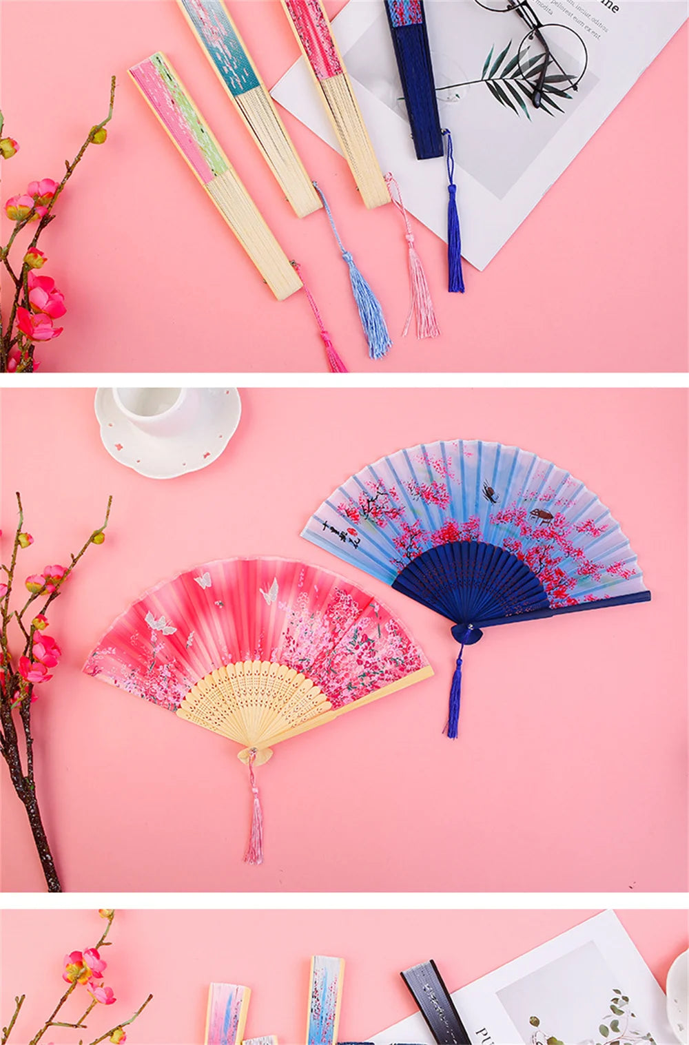 Bamboo Folding Fan silk Chinese Stylefan Hand Held Anitque Art Craft  Japnese Summer Female Dance Home decoration Party ventila