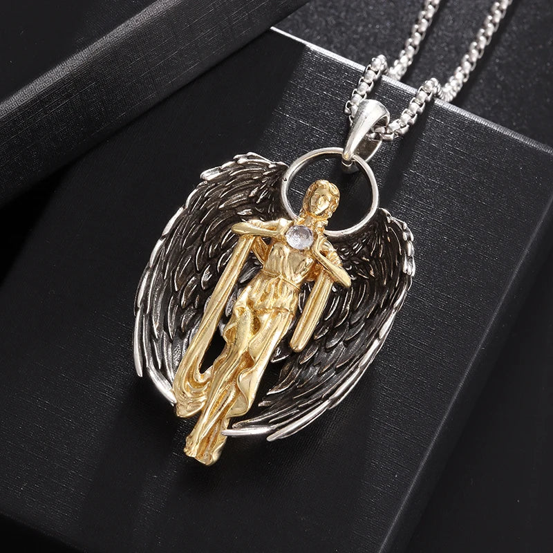 Classic Angel Pendant Necklace Handmade Seraph Prayer Pendant Long Chain Necklace Men Women Jewelry Anniversary Gift