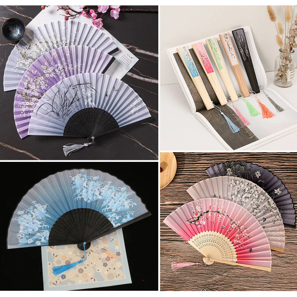 Bamboo Folding Fan silk Chinese Stylefan Hand Held Anitque Art Craft  Japnese Summer Female Dance Home decoration Party ventila