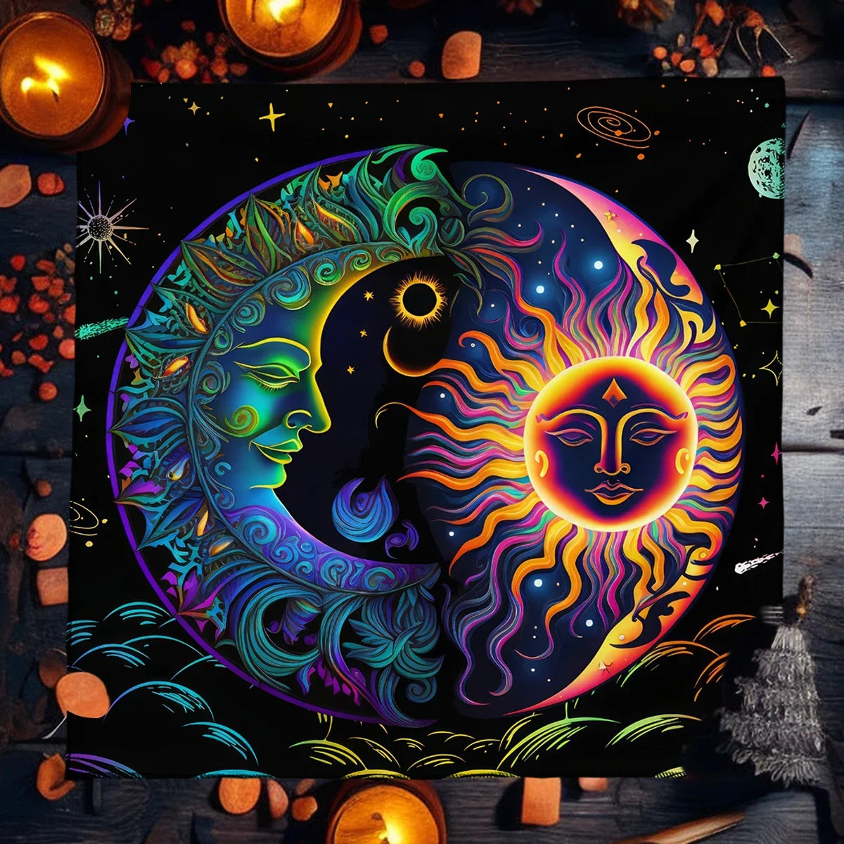 Mystical Colorful Sun and Moon Tarot Card Tablecloth Astrological Divination Altar Cloth Card Game Mat Witchcraft Witchy Decor