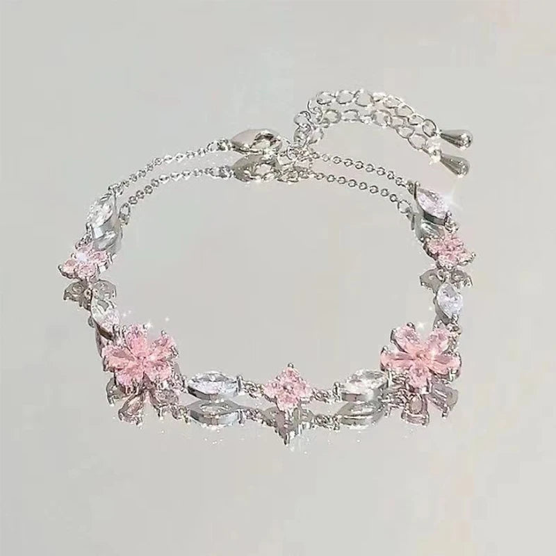 Steel Fun New Women Bracelet Shiny Pink Zircon Butterfly Cherry Blossom Hand Chain for Girls Friendship Gift Y2k Accessories