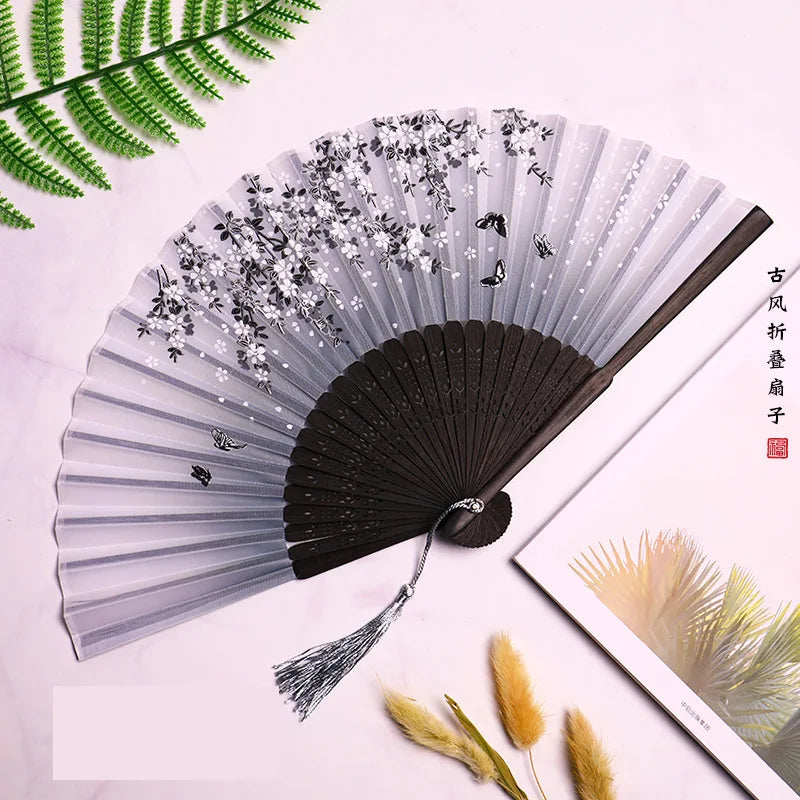 Bamboo Folding Fan silk Chinese Stylefan Hand Held Anitque Art Craft  Japnese Summer Female Dance Home decoration Party ventila