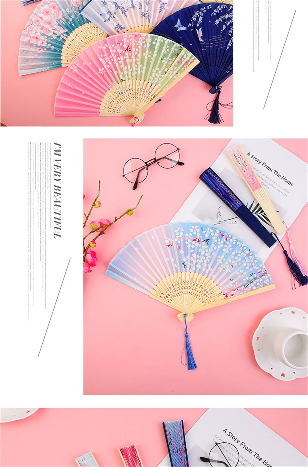 Bamboo Folding Fan silk Chinese Stylefan Hand Held Anitque Art Craft  Japnese Summer Female Dance Home decoration Party ventila