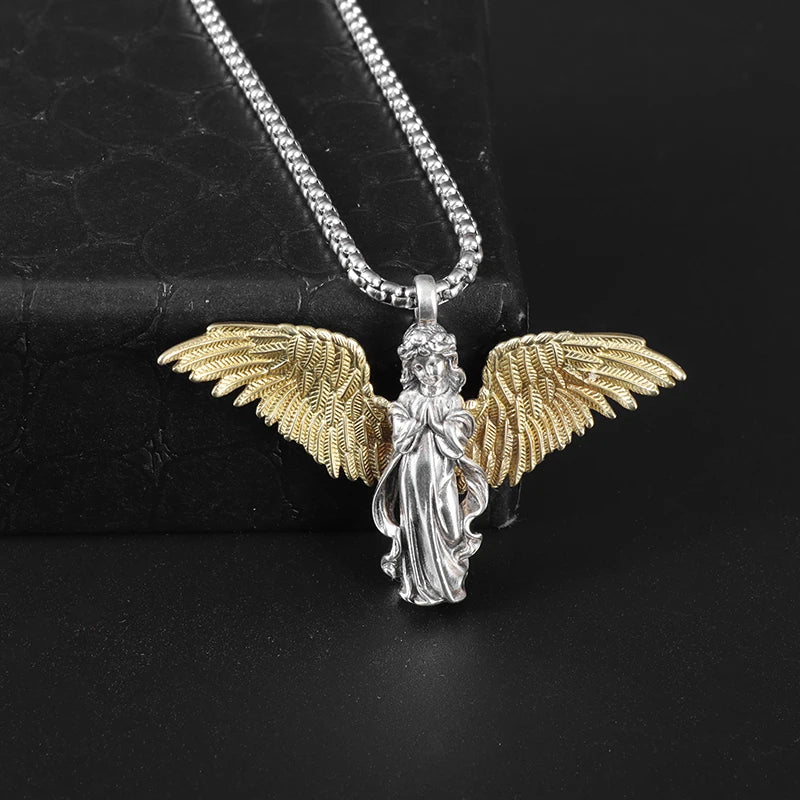 Classic Angel Pendant Necklace Handmade Seraph Prayer Pendant Long Chain Necklace Men Women Jewelry Anniversary Gift