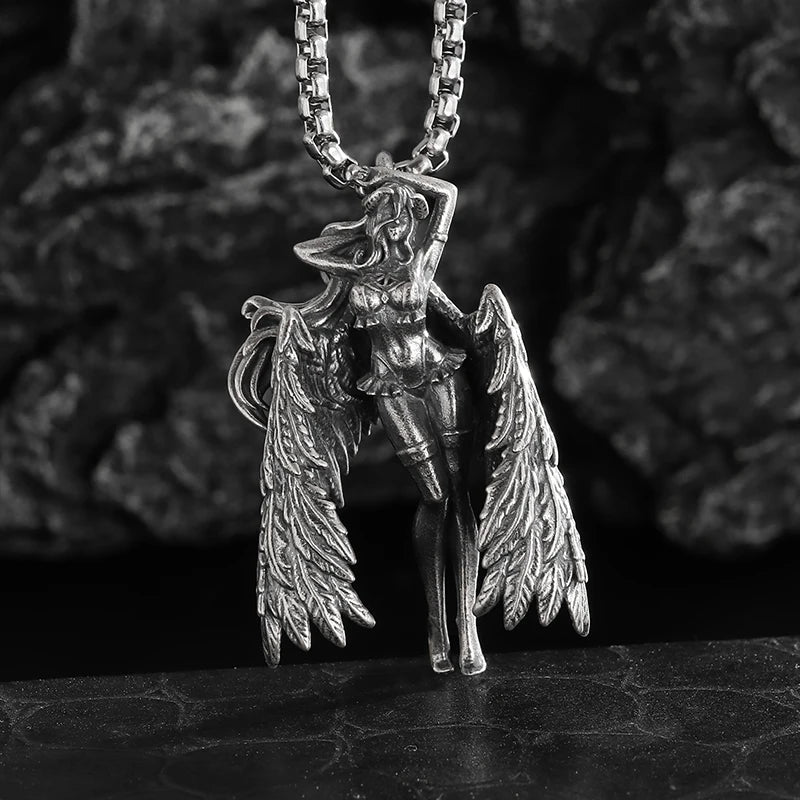 Retro Gothic Mystical Angel Wings Pendant Necklace for Men Women Punk Hip Hop Fashion Jewelry Gift