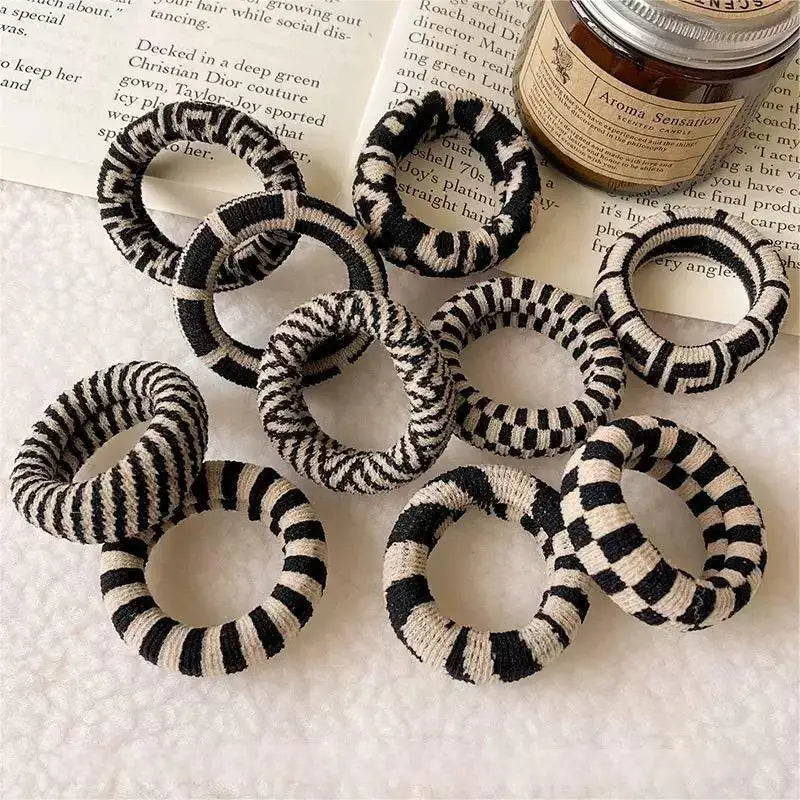 Black And White Striped Thick Hair Tie - High Elasticity Seamless Hair Rope, Simple And Versatile Women'S Hair Accessory