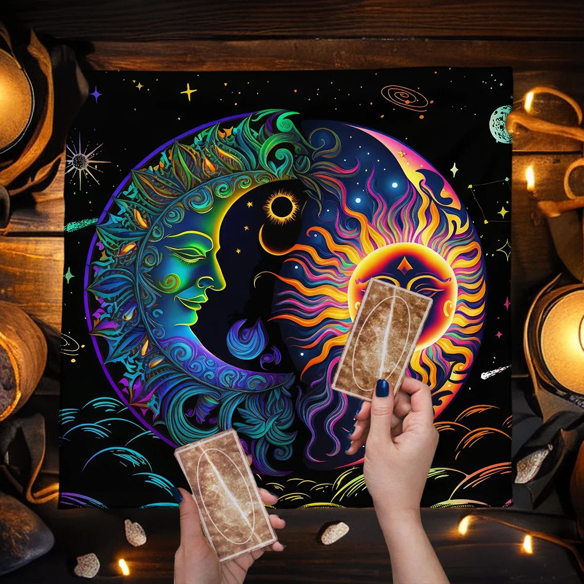 Mystical Colorful Sun and Moon Tarot Card Tablecloth Astrological Divination Altar Cloth Card Game Mat Witchcraft Witchy Decor