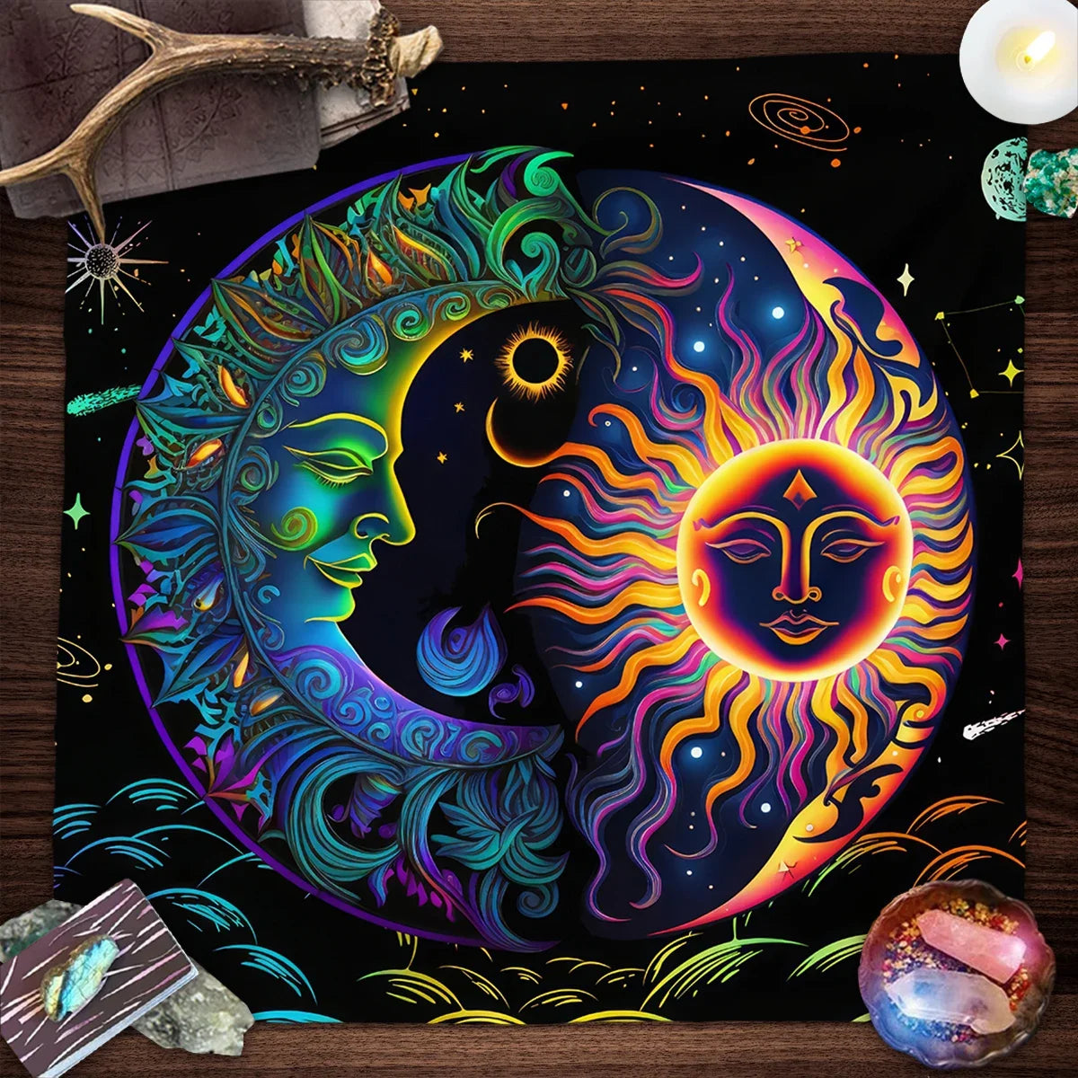 Mystical Colorful Sun and Moon Tarot Card Tablecloth Astrological Divination Altar Cloth Card Game Mat Witchcraft Witchy Decor