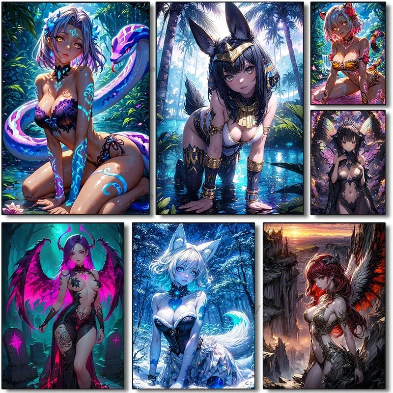 Fantasy Art Sexy Cartoon Animal Roleplay Anime Girl Dark Demon Witch Abstract Poster Canvas Painting Wall Art Picture Home De