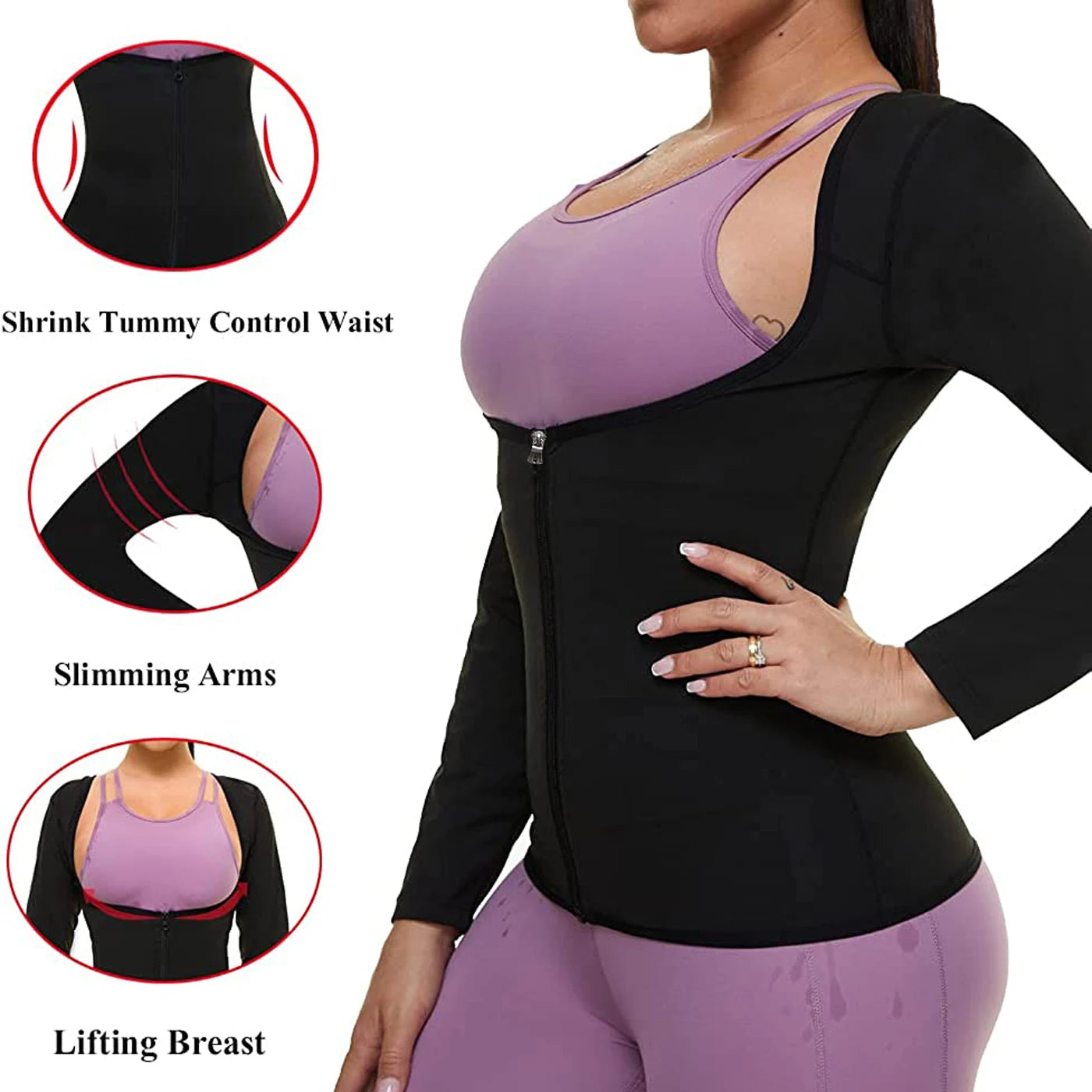 Vigorix Sauna Suit for Women Sweat Body Shaper Hot Waist Trainer Long Sleeve Zipper Shirt Workout Top