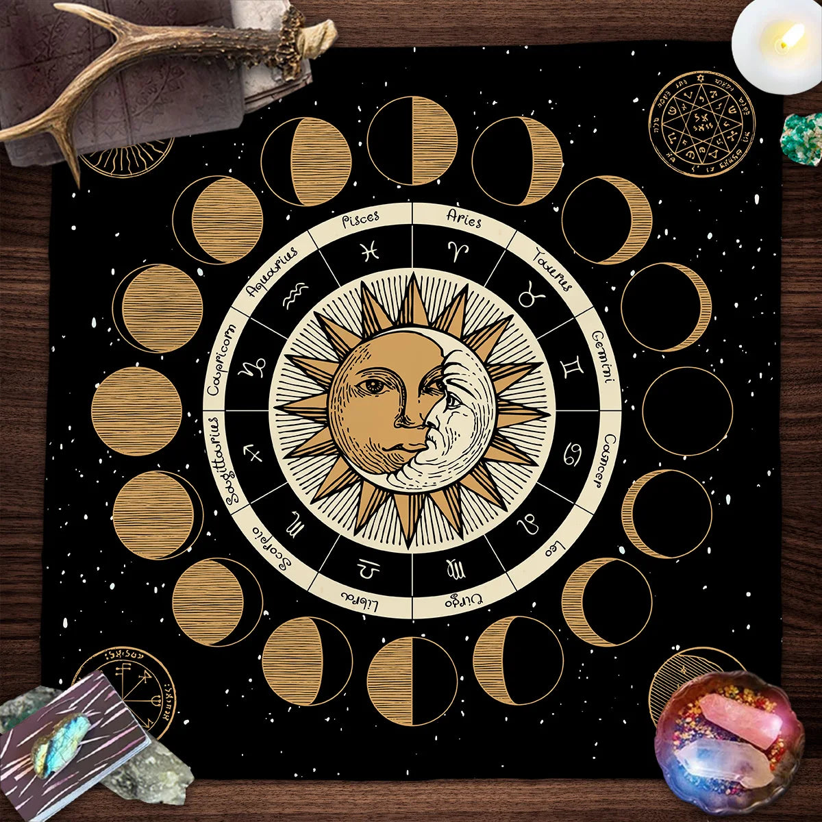 Mystical Colorful Sun and Moon Tarot Card Tablecloth Astrological Divination Altar Cloth Card Game Mat Witchcraft Witchy Decor