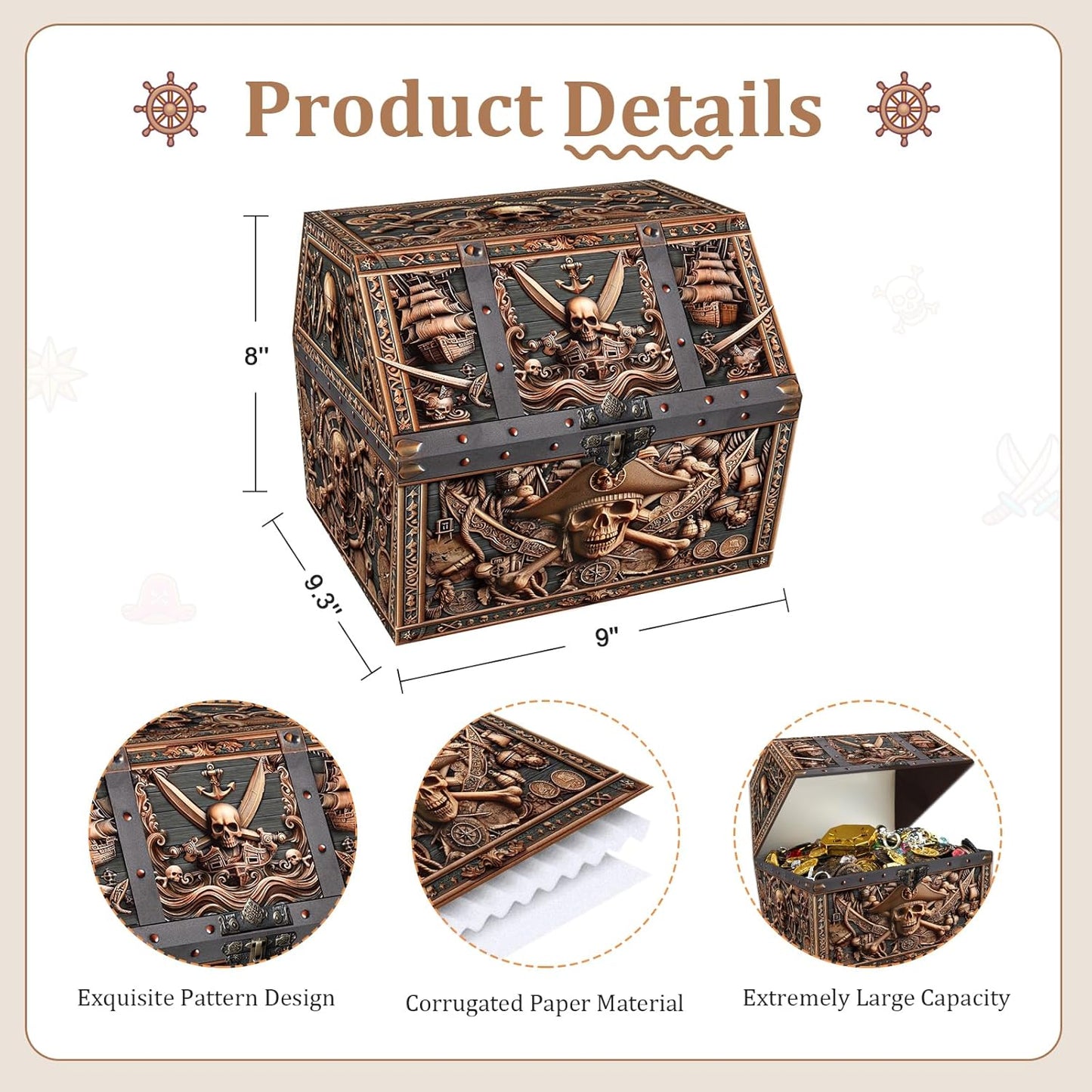 Pirate Skull Treasure Box - 9X9.3X8 Large Pirate Treasure Chest for Classroom Chirstmas Treasures Box Rewards Chest Toys and Storage Perfect Classroom Treasures Boxes for Students