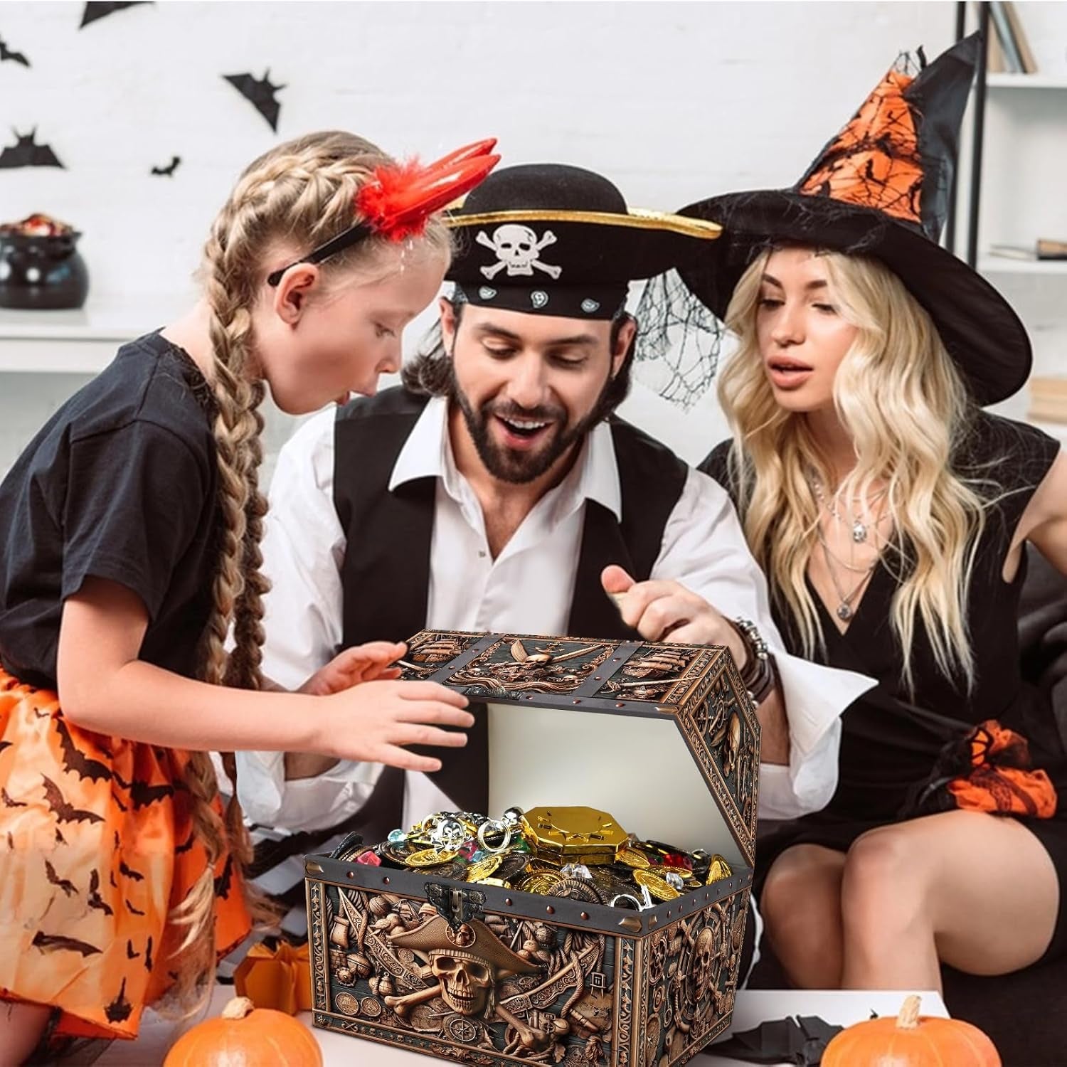 Pirate Skull Treasure Box - 9X9.3X8 Large Pirate Treasure Chest for Classroom Chirstmas Treasures Box Rewards Chest Toys and Storage Perfect Classroom Treasures Boxes for Students
