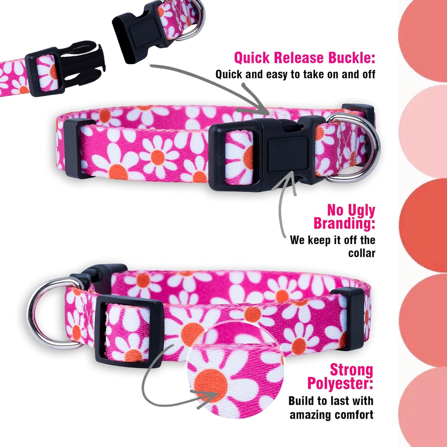 Flower Dog Collar, Adjustable Small Medium Large, Cute Girl Female Summer Spring Pretty Designer Puppy Essentials Accessories, Pink Floral Blue Daisy Rose (Medium, Pink Daisy)