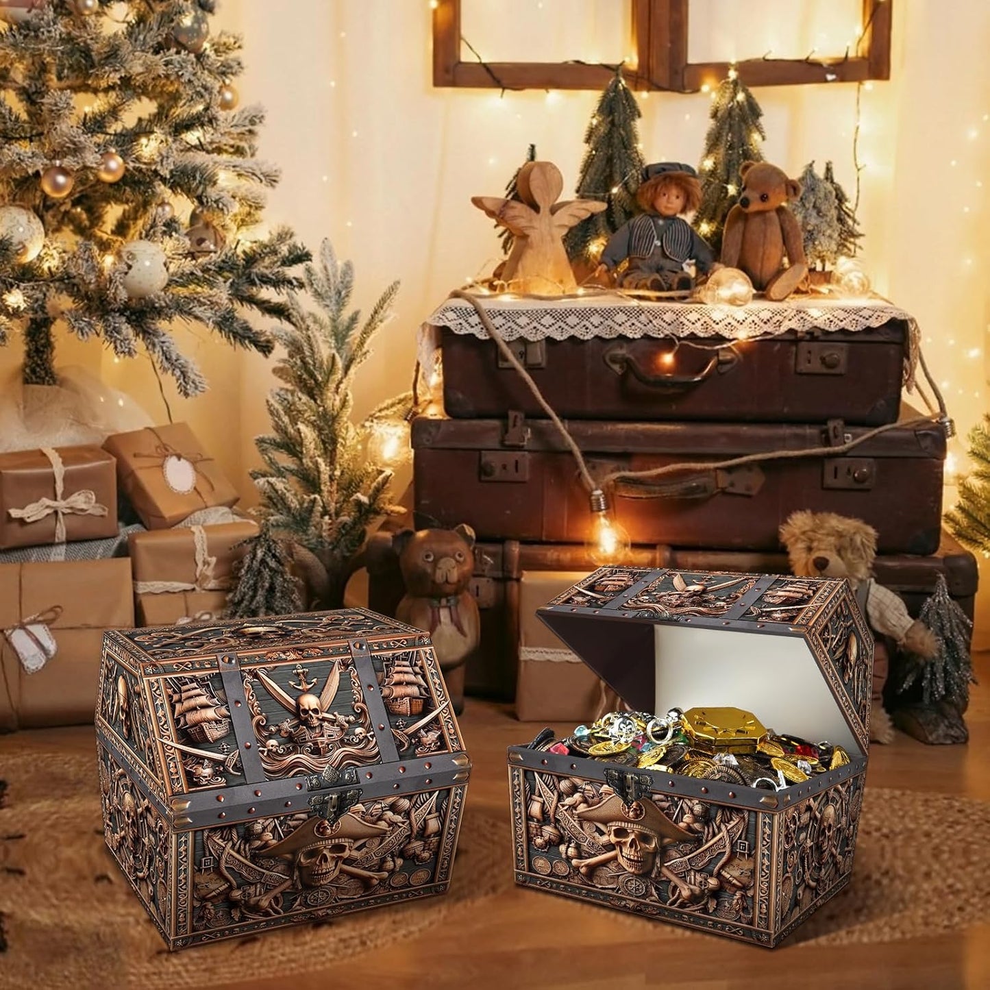 Pirate Skull Treasure Box - 9X9.3X8 Large Pirate Treasure Chest for Classroom Chirstmas Treasures Box Rewards Chest Toys and Storage Perfect Classroom Treasures Boxes for Students