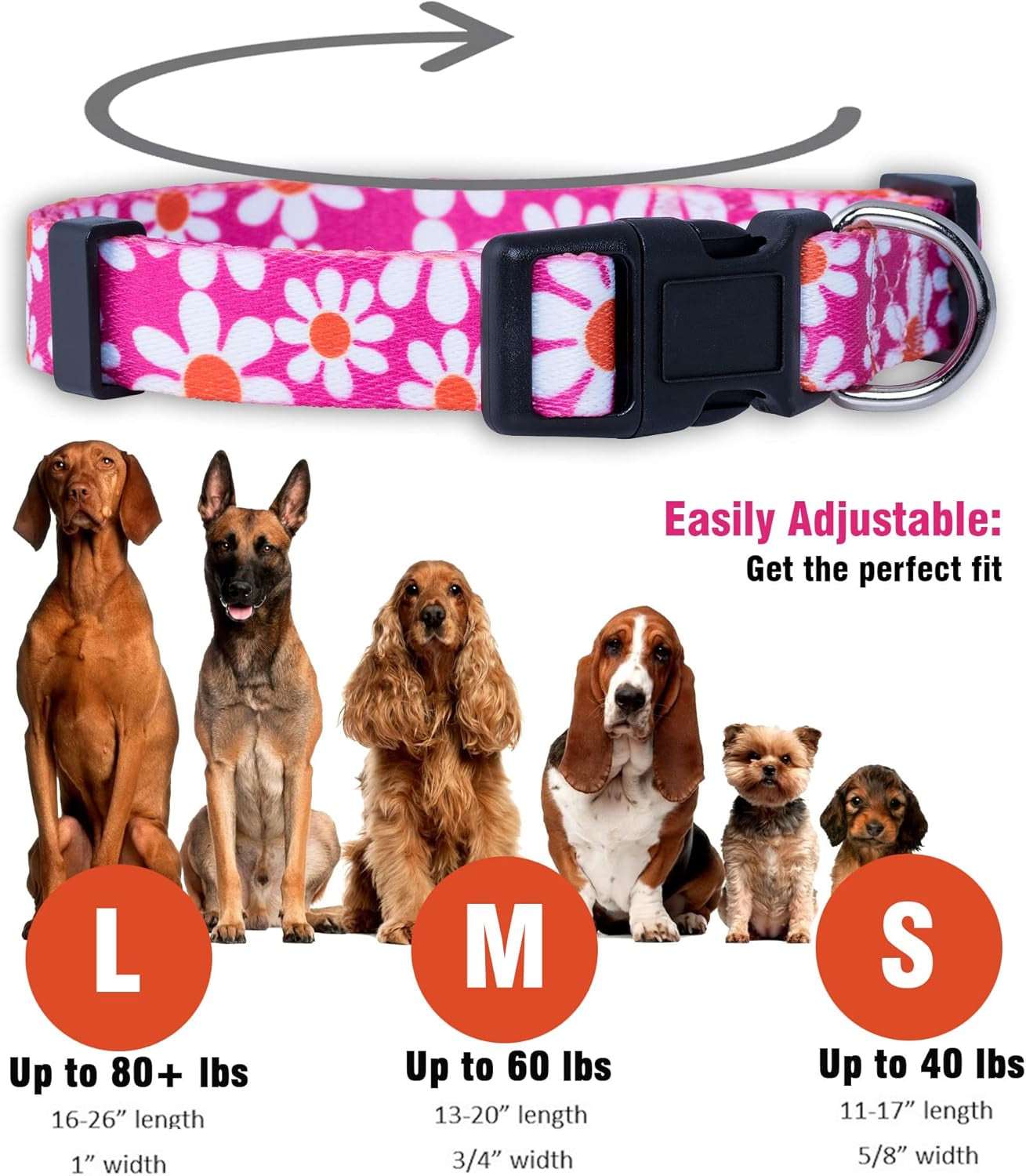 Flower Dog Collar, Adjustable Small Medium Large, Cute Girl Female Summer Spring Pretty Designer Puppy Essentials Accessories, Pink Floral Blue Daisy Rose (Medium, Pink Daisy)