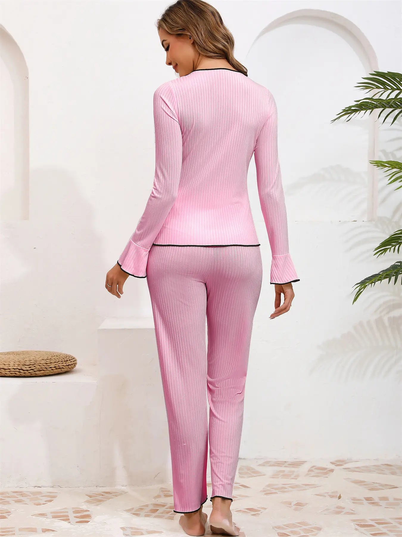 Women'S Bow Decor Long Sleeve Top & Pants Pajama Two-Piece Set, Casual Comfy Top & Trousers Set, Women'S Sleepwear & Loungewear for Spring & Fall