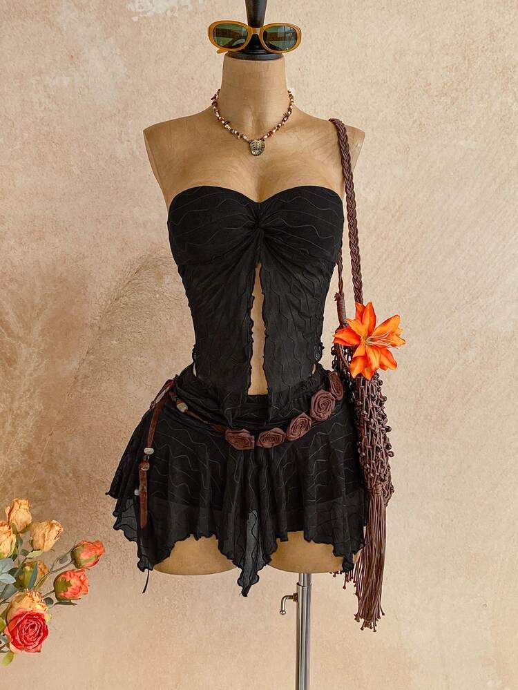Soleia Floral Lace Twist Bandeau Top And Midi Skirt