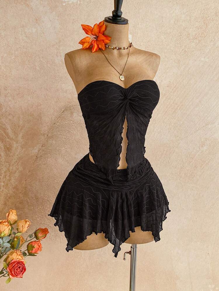 Soleia Floral Lace Twist Bandeau Top And Midi Skirt