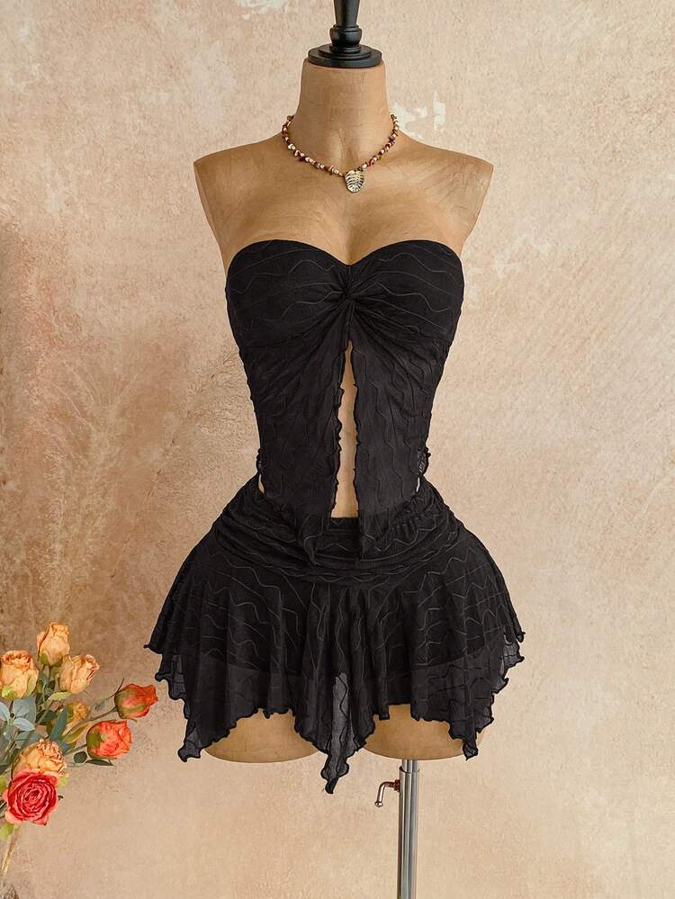 Soleia Floral Lace Twist Bandeau Top And Midi Skirt
