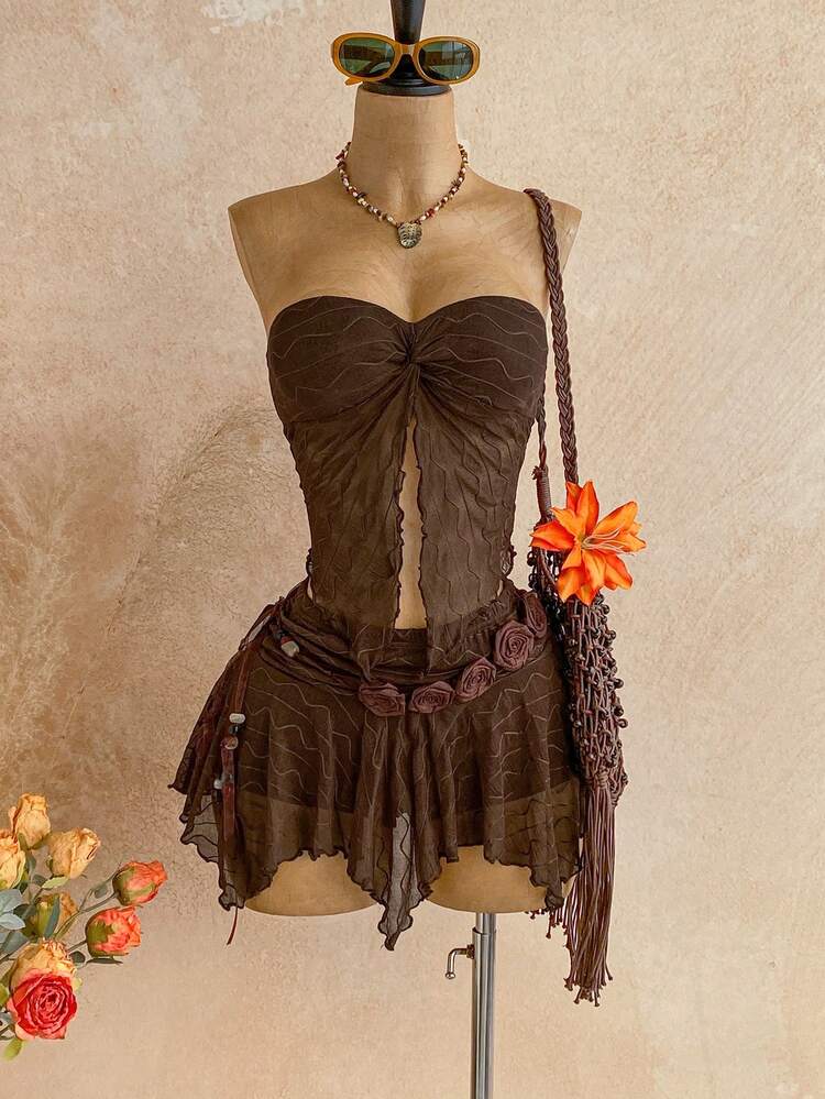 Soleia Floral Lace Twist Bandeau Top And Midi Skirt