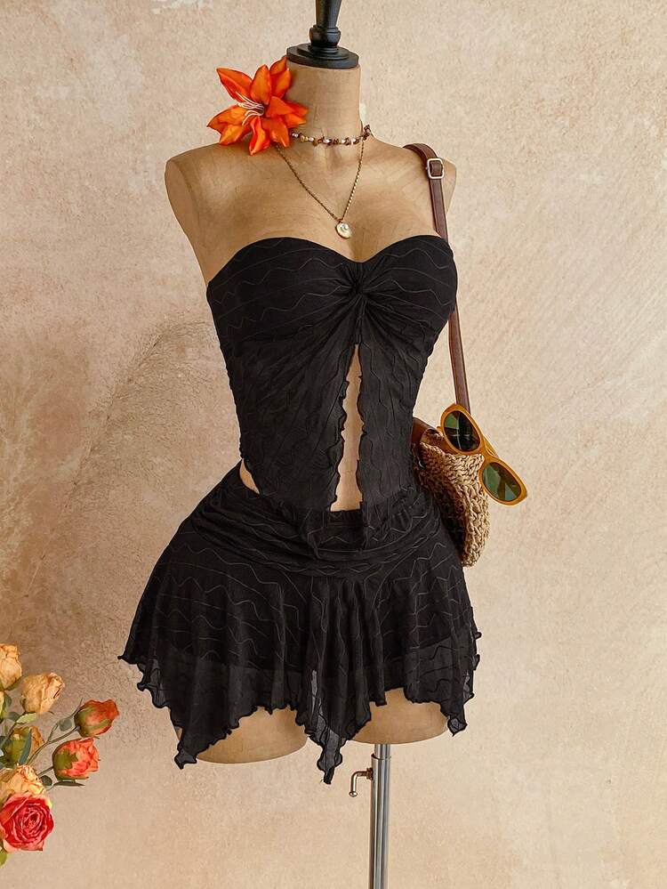 Soleia Floral Lace Twist Bandeau Top And Midi Skirt