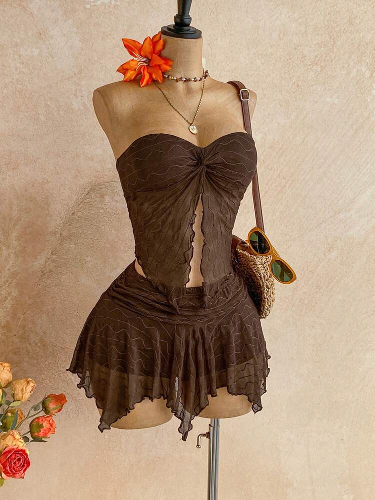 Soleia Floral Lace Twist Bandeau Top And Midi Skirt